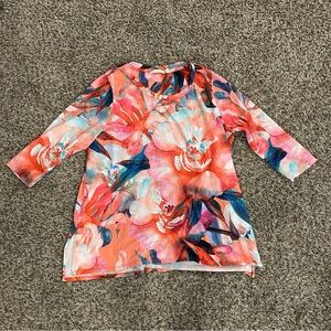 Soft Surroundings Tunic Top Women’s XL Coral Blue Floral Sahara Colorful Comfort